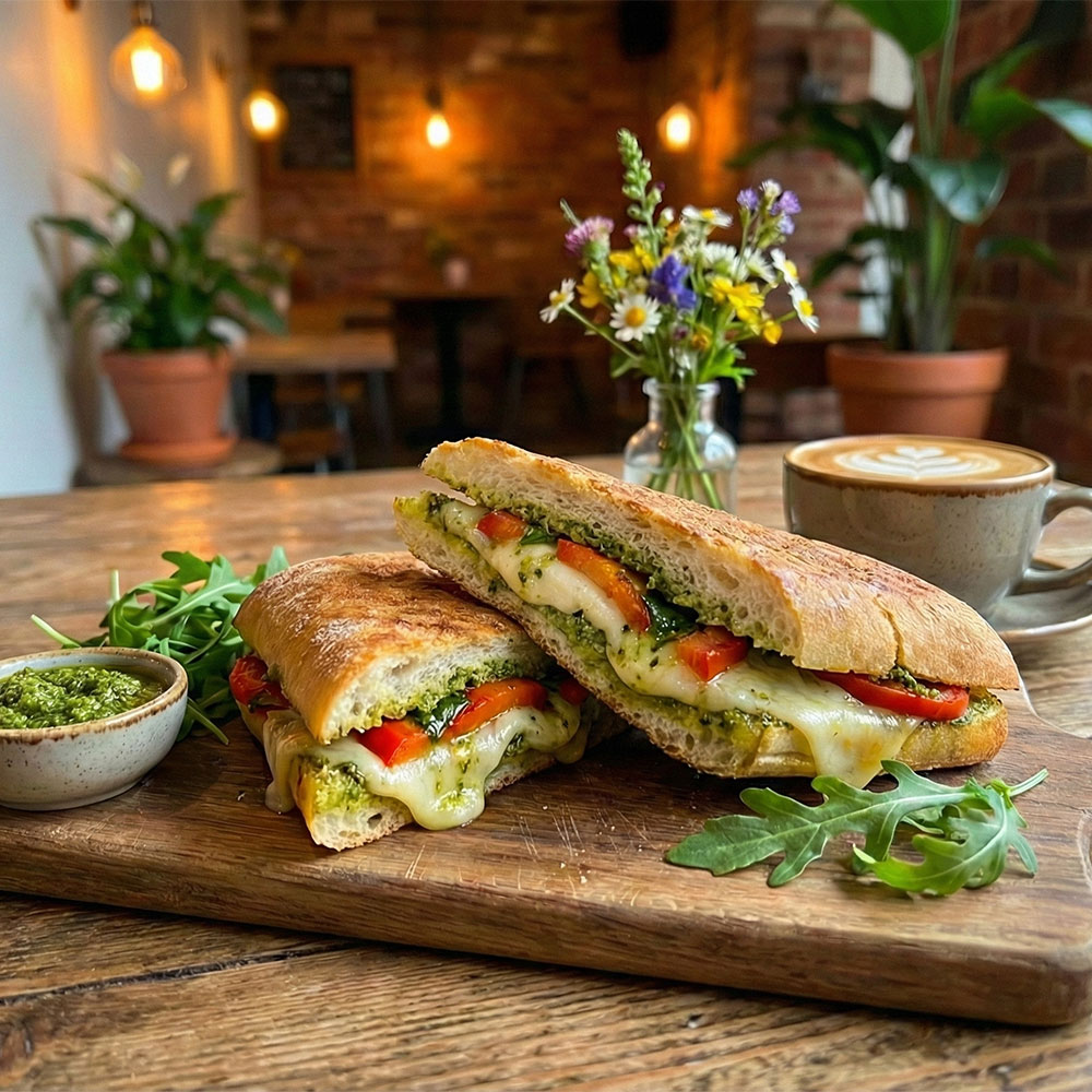 Mozzarella Tomato and Pesto Panini in a cafe setting