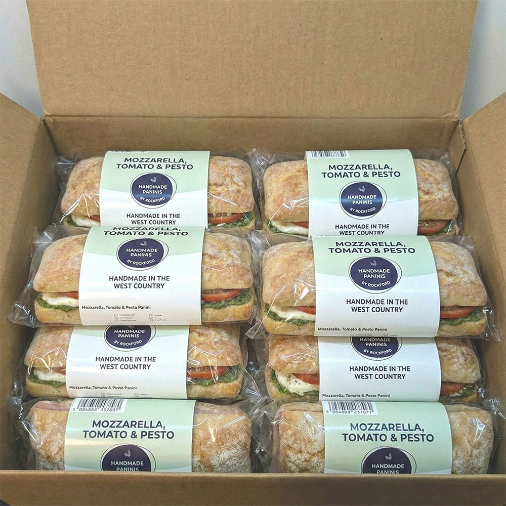 Mozzarella Tomato and Pesto Paninis frozen in Box