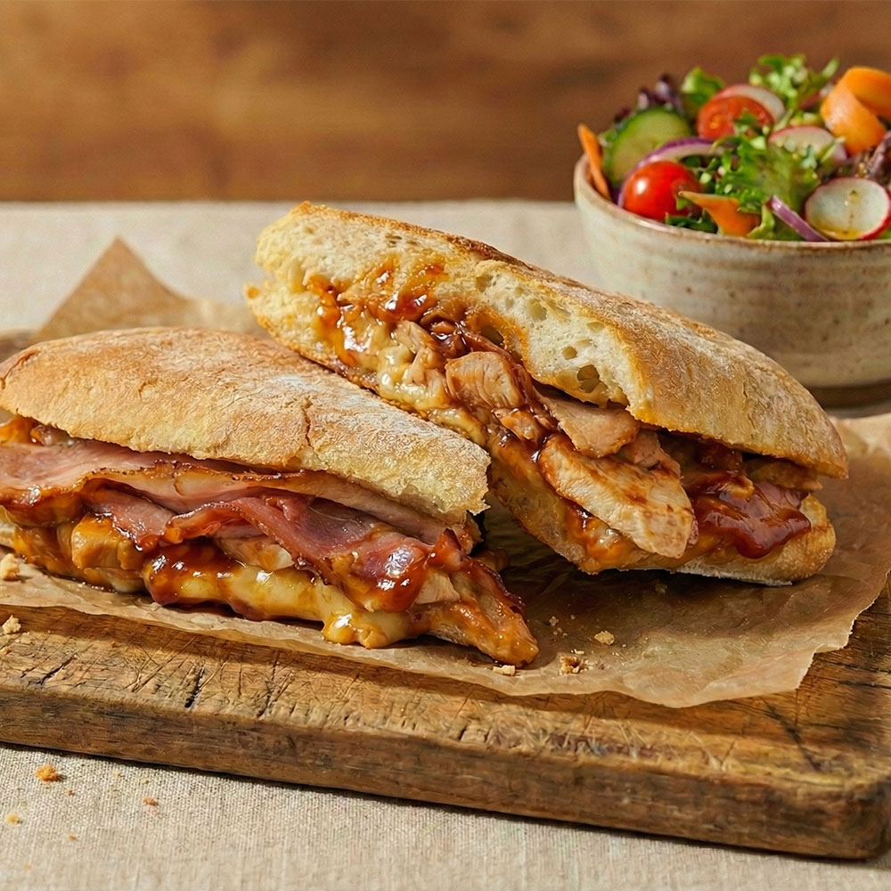 Hunters BBQ Chicken bacon panini with garden salad in the background
