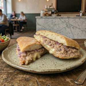 Tuna Melt Panini on a plate in a cafe